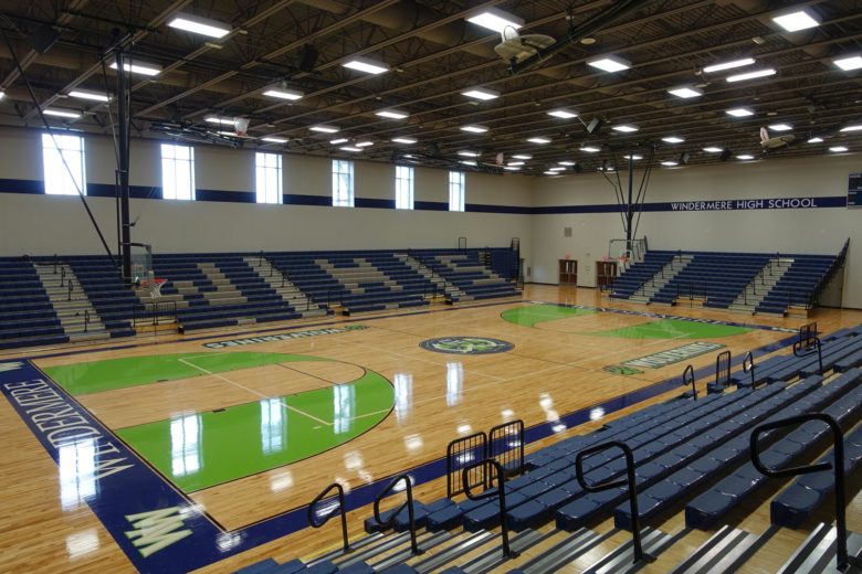 Windermere High School gymnasium with basketball court and spectator seating